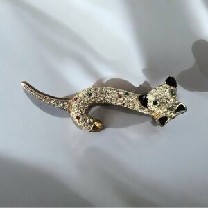 Vintage Crystal Rhinestone & Enamel Leopard Brooch with Green Eyes